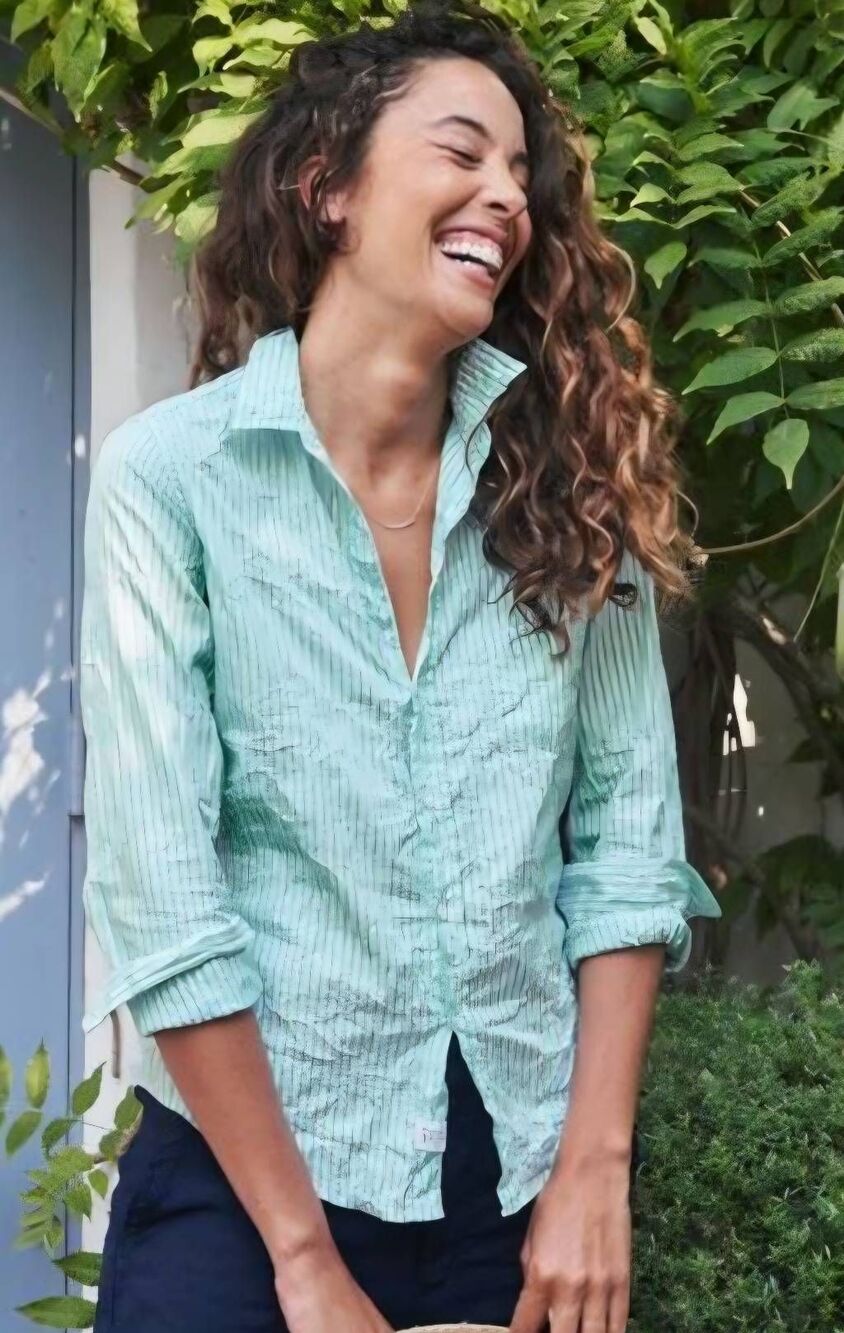 Frank & Eileen Barry Button Up Shirt Green White Mint Striped Linen Sz XL